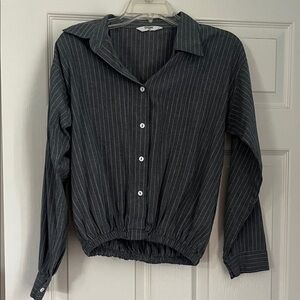 Engine cinch waist long sleeve pinstripe cropped button down